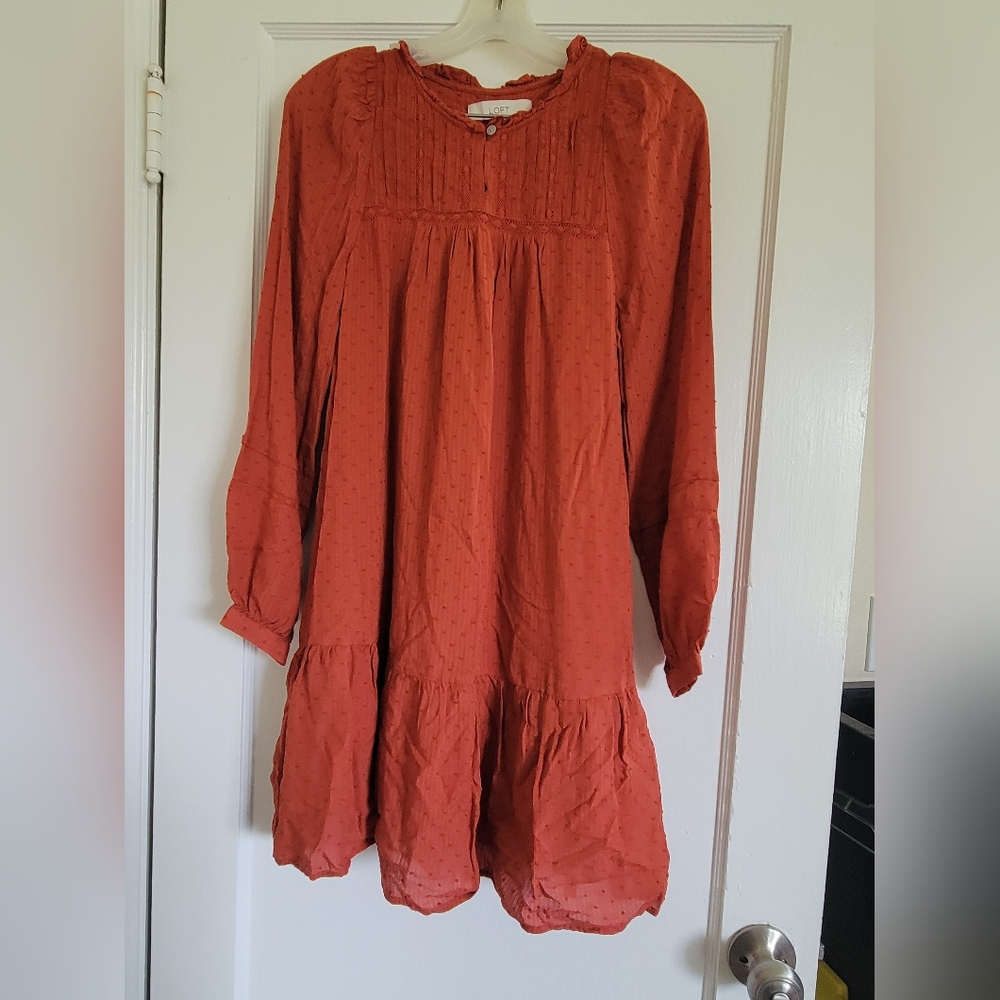 Loft Rust Orange Long Sleeve Tiered Mini polka dot Dress Size XS